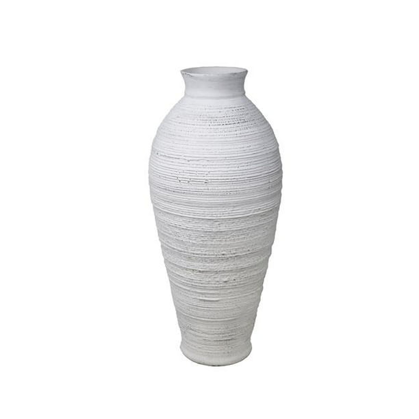 White Benzara BM179084 Ceramic Round Combed Vase with Neck 